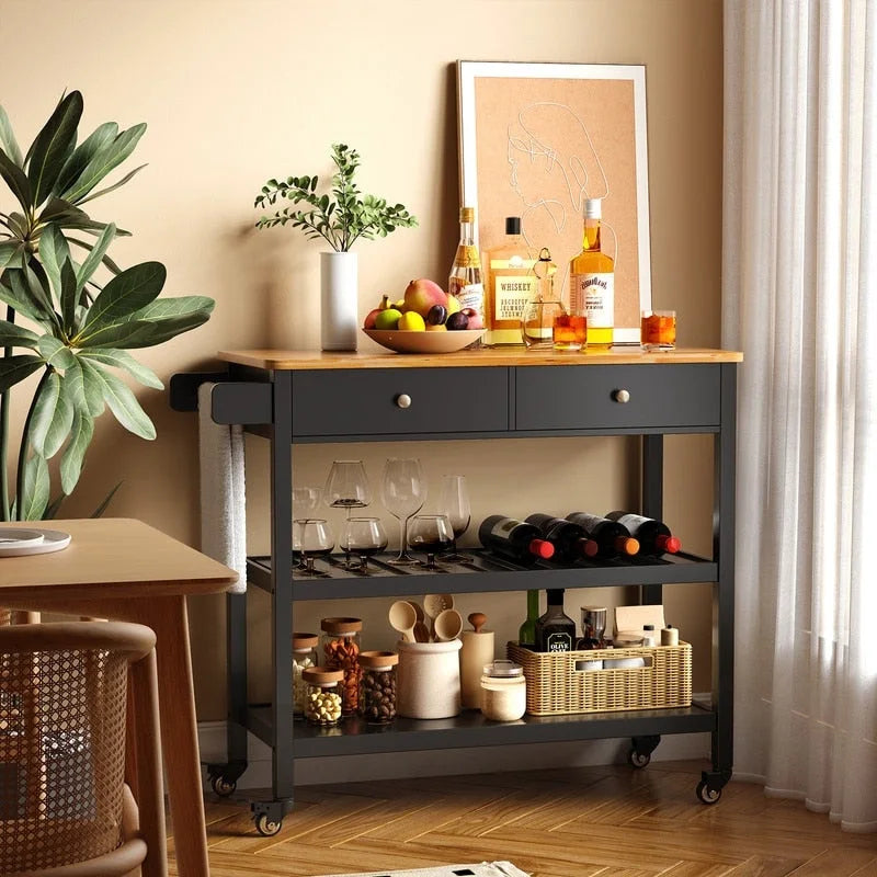 Rolling Kitchen Island Cart with Drawers and Storage Shelves