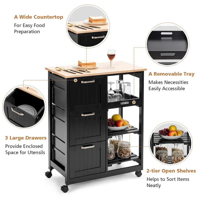 Rolling Kitchen Storage Cart with Drawers and Shelves