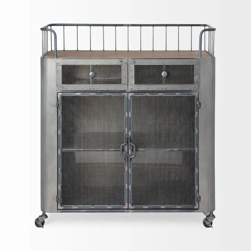 Gray Metal & Brown Wood Top Bar Cart