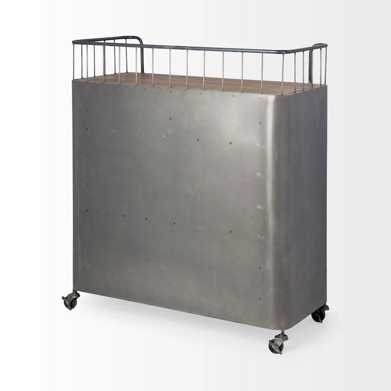 Gray Metal & Brown Wood Top Bar Cart