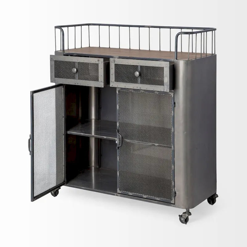 Gray Metal & Brown Wood Top Bar Cart