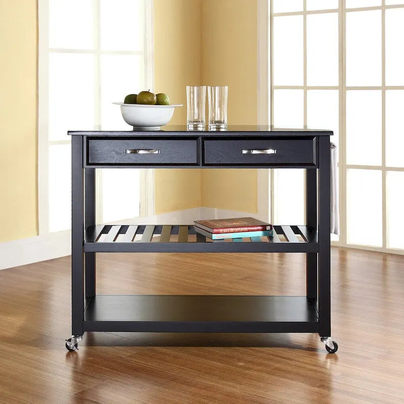 Solid Black Granite Top Kitchen Cart/Island in Black Finish - 17d x 43w x 35h