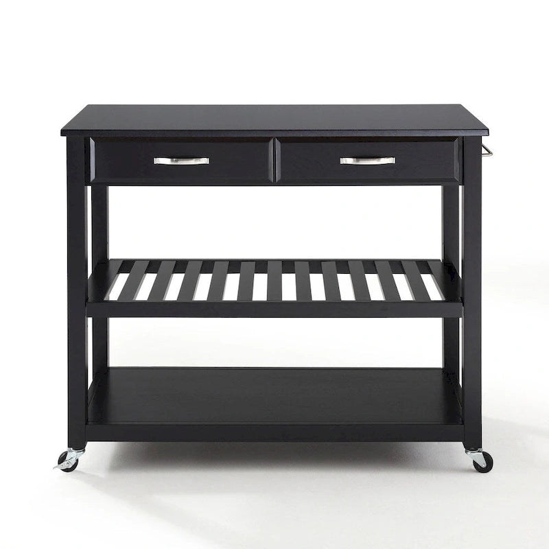 Solid Black Granite Top Kitchen Cart/Island in Black Finish - 17d x 43w x 35h