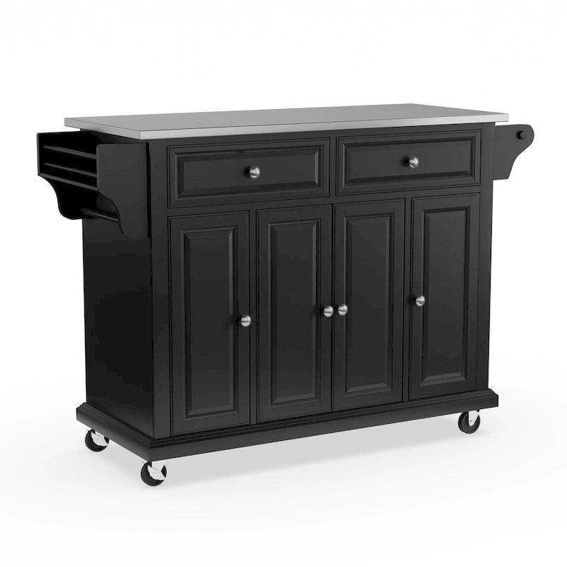 Full Size Black Finish Stainless Steel Top Kitchen Cart / Island