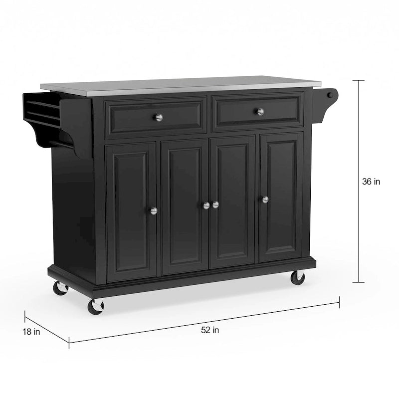 Full Size Black Finish Stainless Steel Top Kitchen Cart / Island