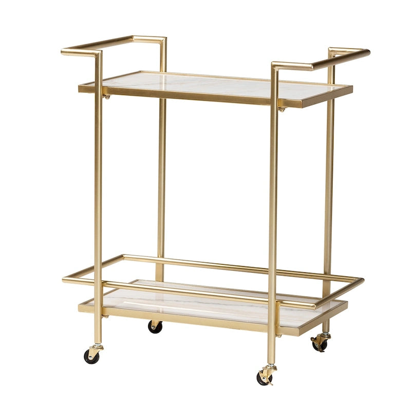 Gold Metal and White Marble 2-Tier Wine Cart