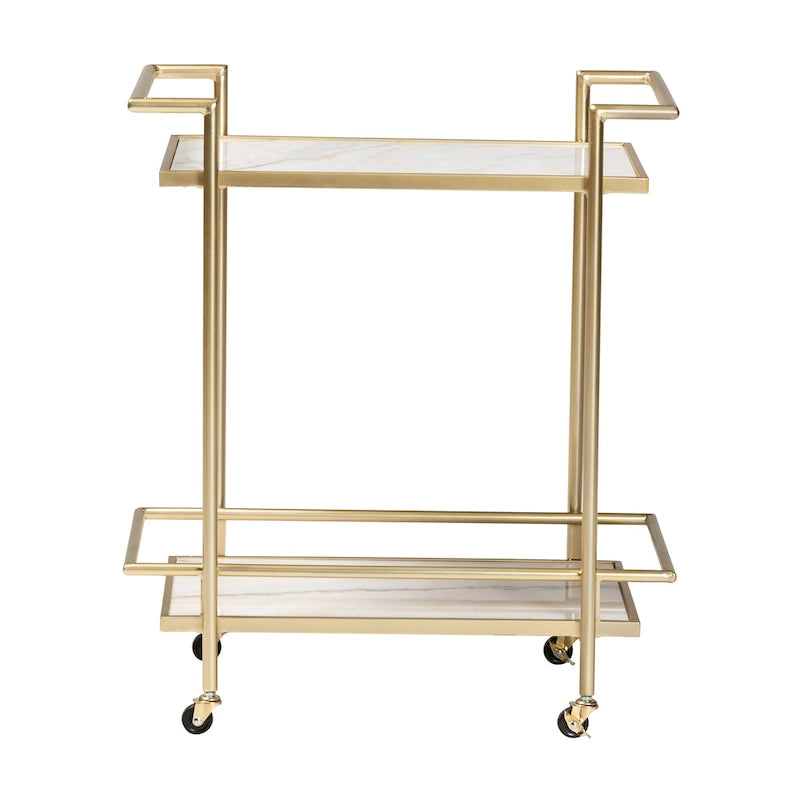 Gold Metal and White Marble 2-Tier Wine Cart