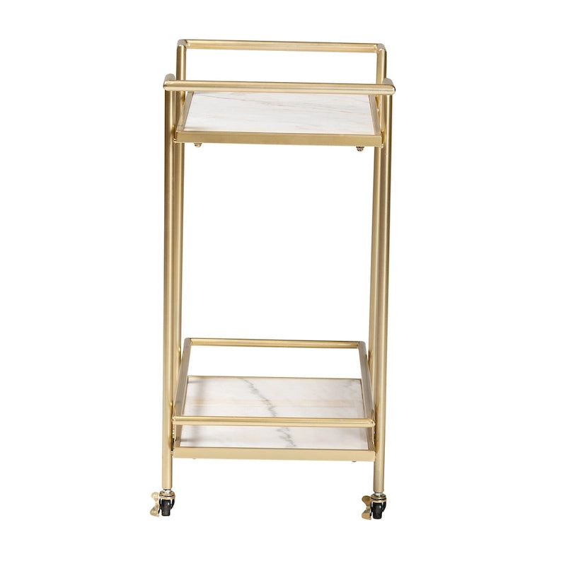 Gold Metal and White Marble 2-Tier Wine Cart
