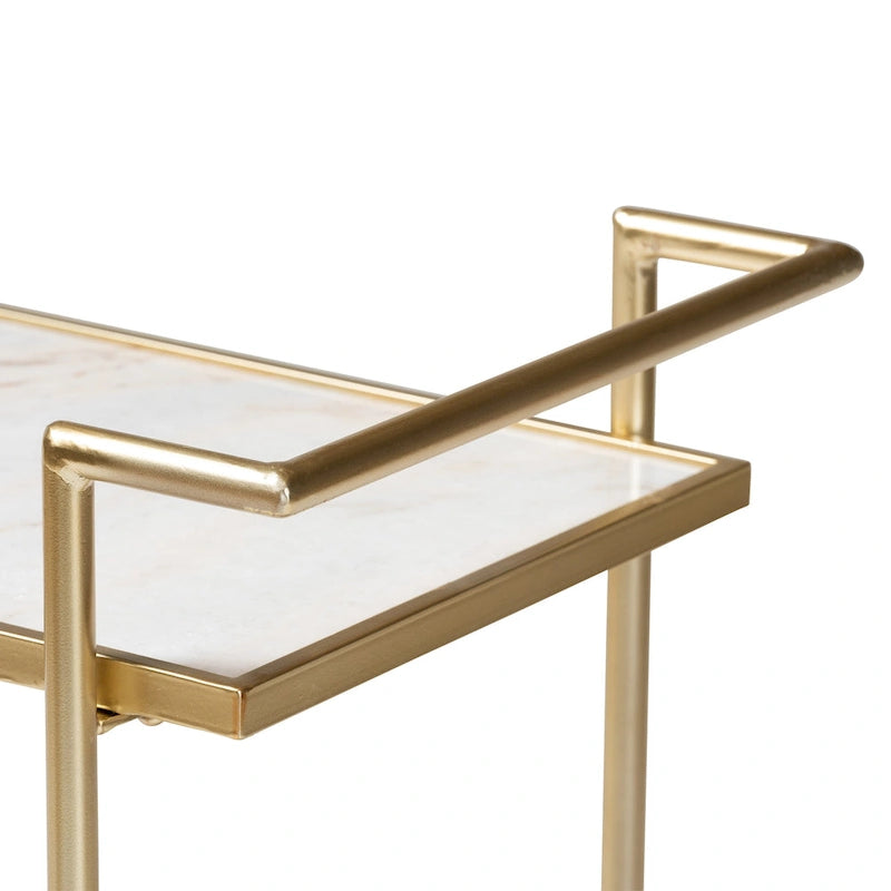 Gold Metal and White Marble 2-Tier Wine Cart
