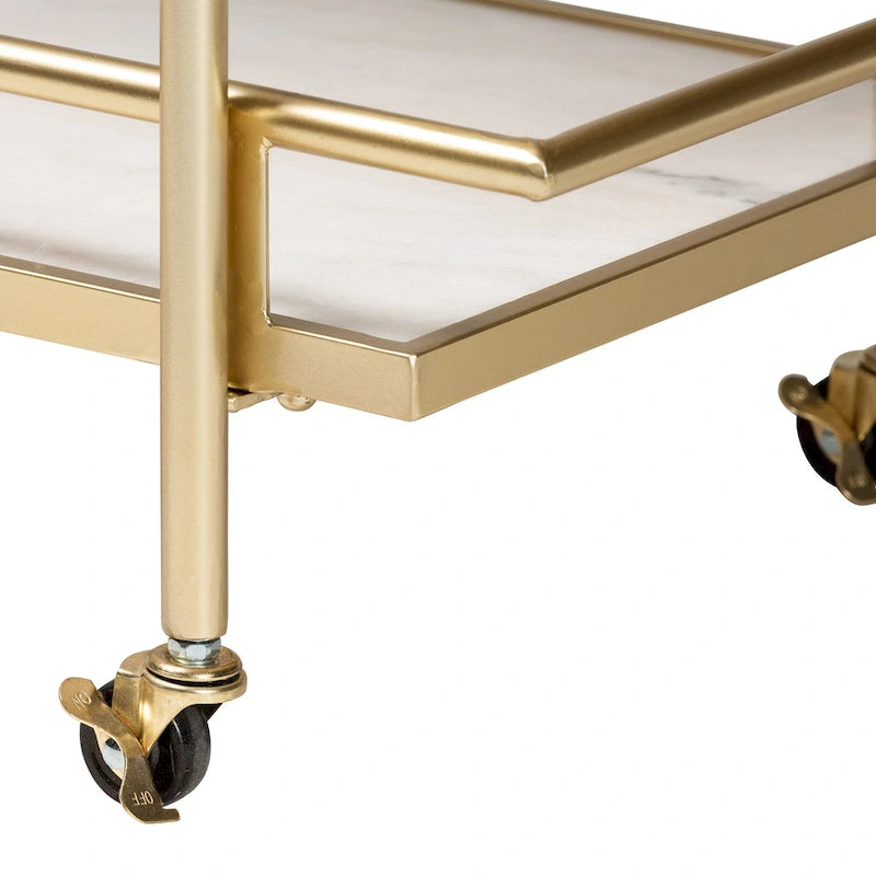 Gold Metal and White Marble 2-Tier Wine Cart