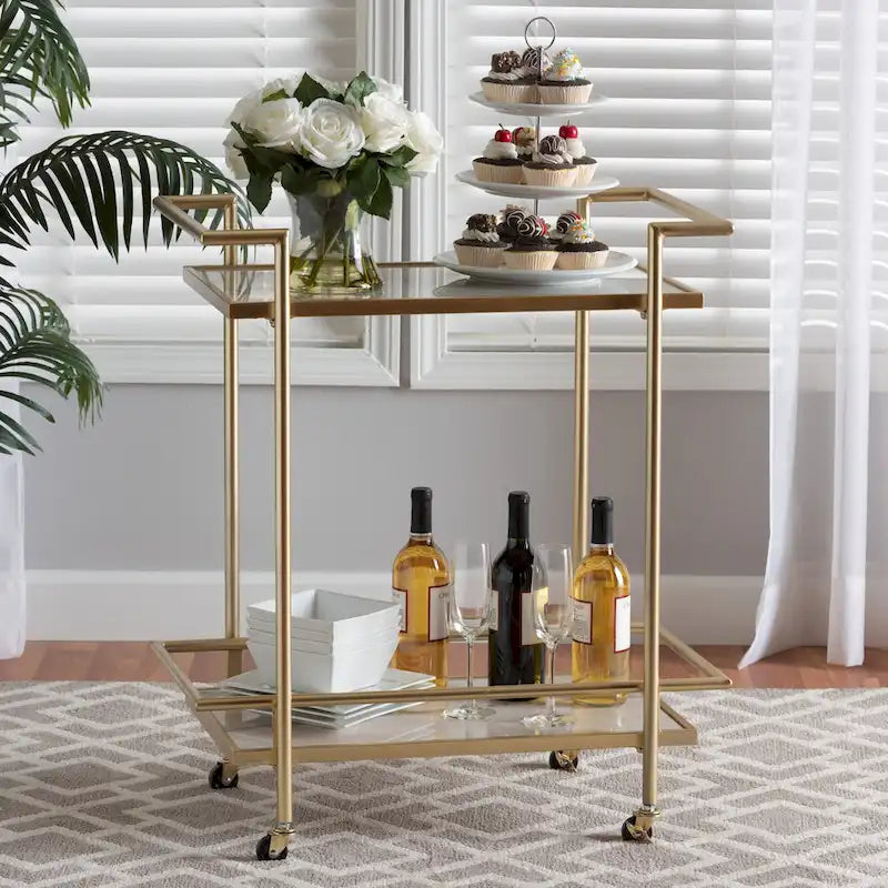 Gold Metal and White Marble 2-Tier Wine Cart