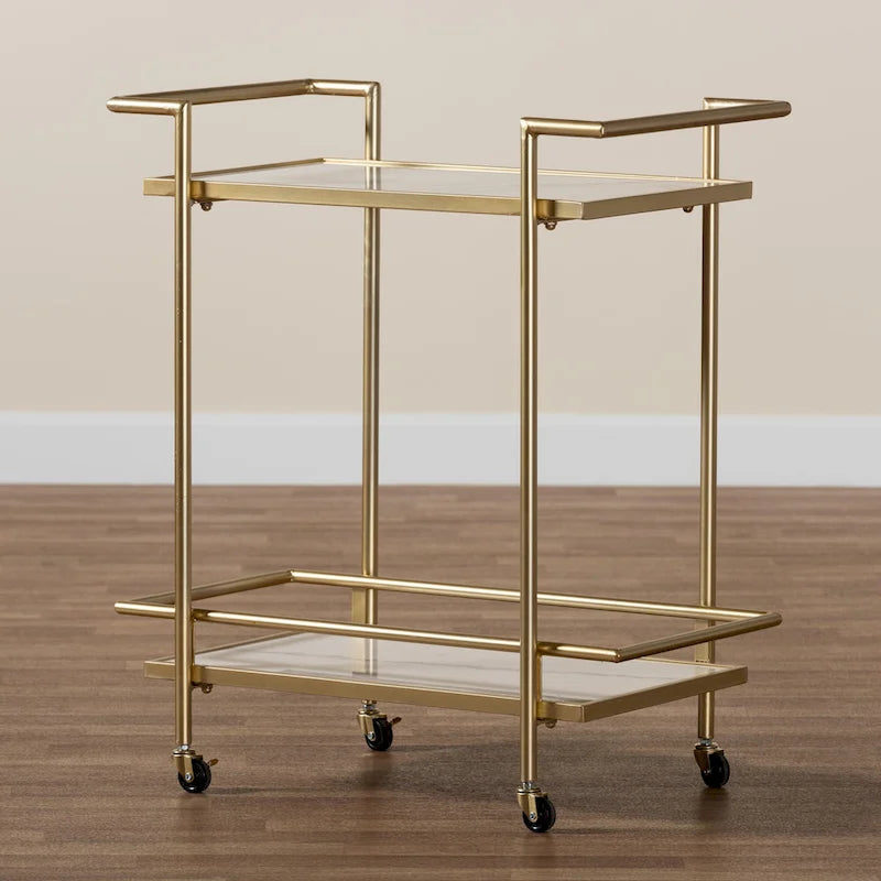 Gold Metal and White Marble 2-Tier Wine Cart