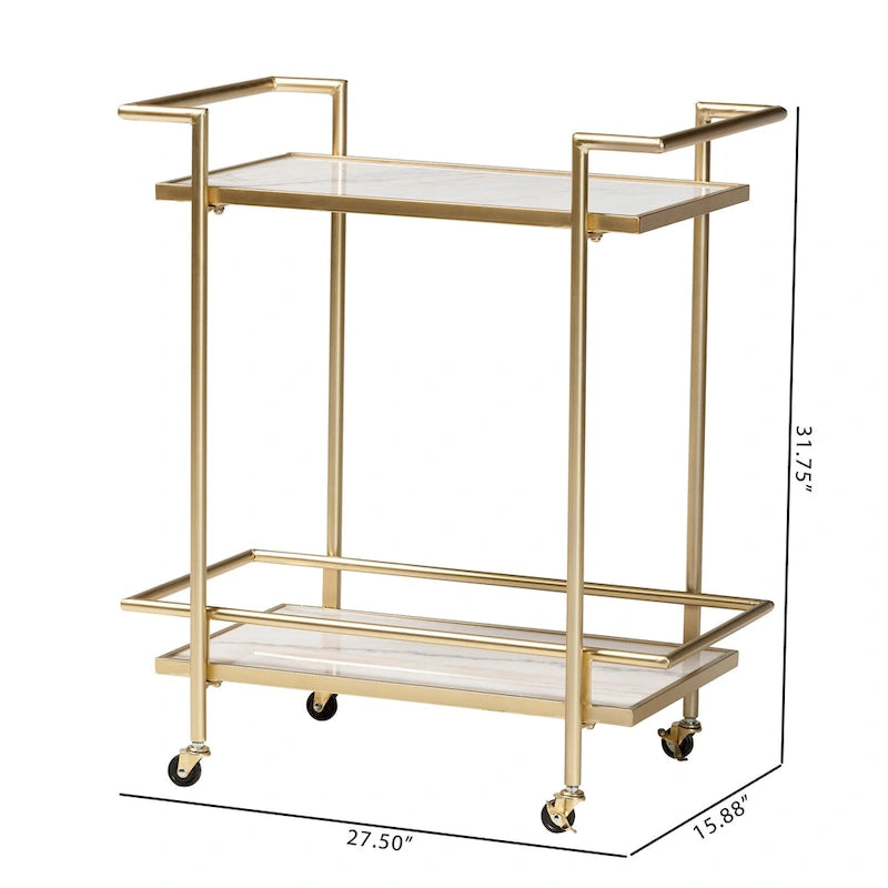 Gold Metal and White Marble 2-Tier Wine Cart
