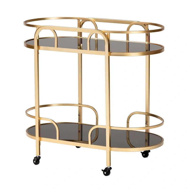 Gold Metal and Tempered Glass 2-Tier Wine Cart