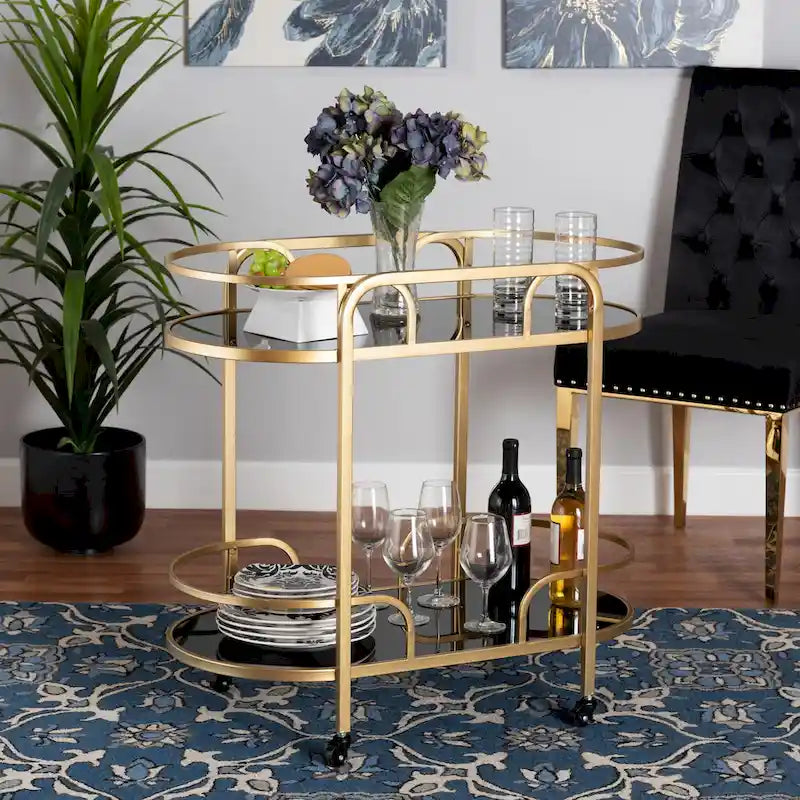 Gold Metal and Tempered Glass 2-Tier Wine Cart