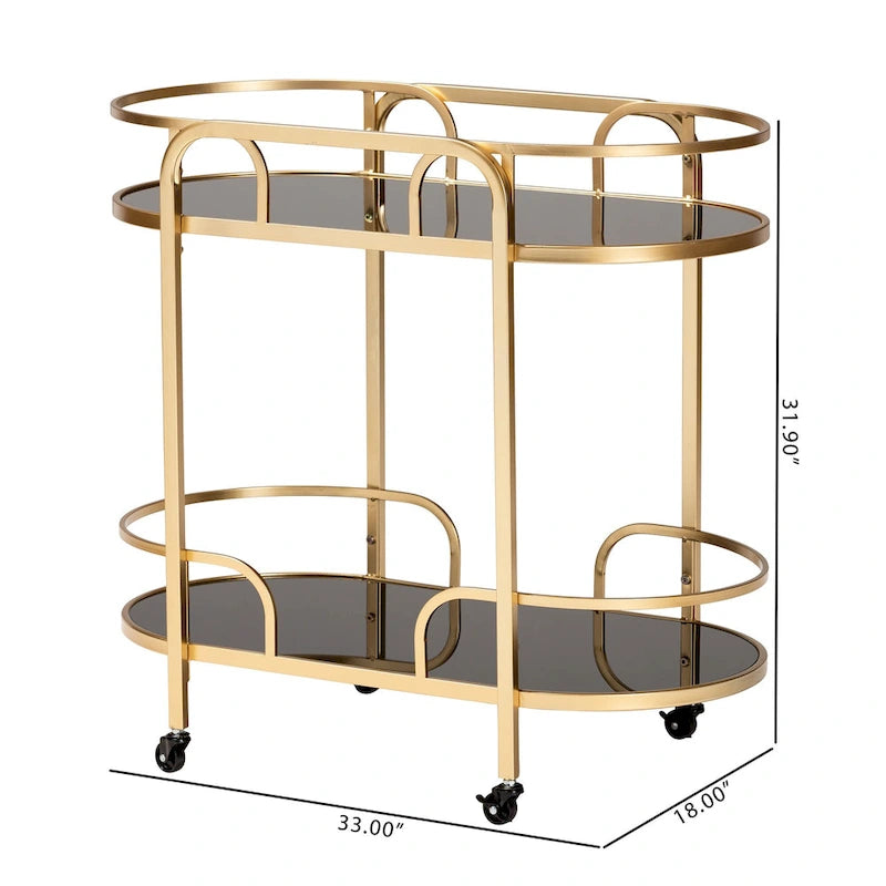 Gold Metal and Tempered Glass 2-Tier Wine Cart