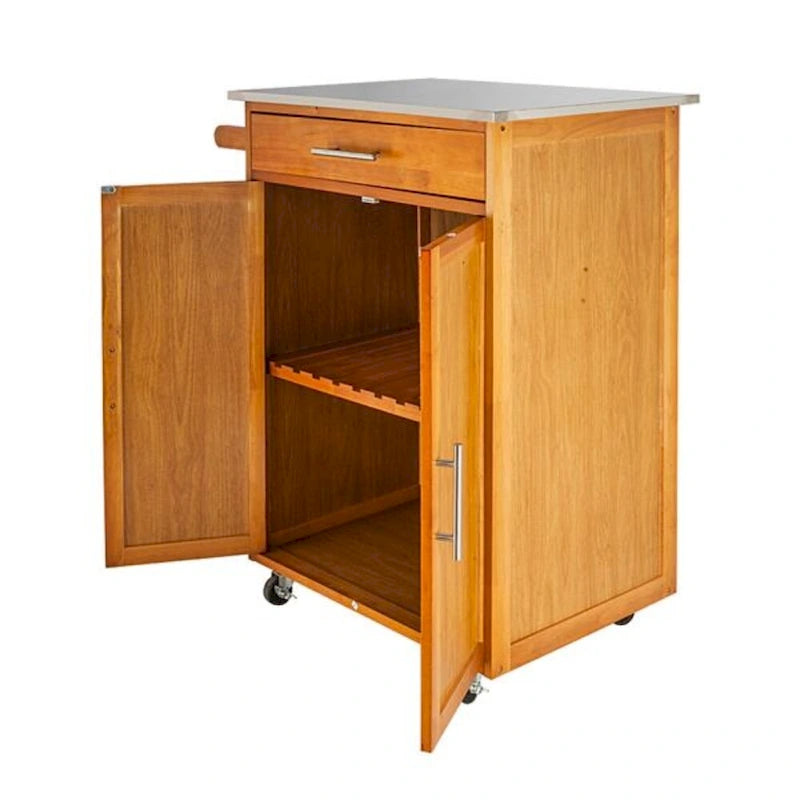 Moveable Kitchen Cart with Stainless Steel Top, One Drawer & One Cabinet – Sapele