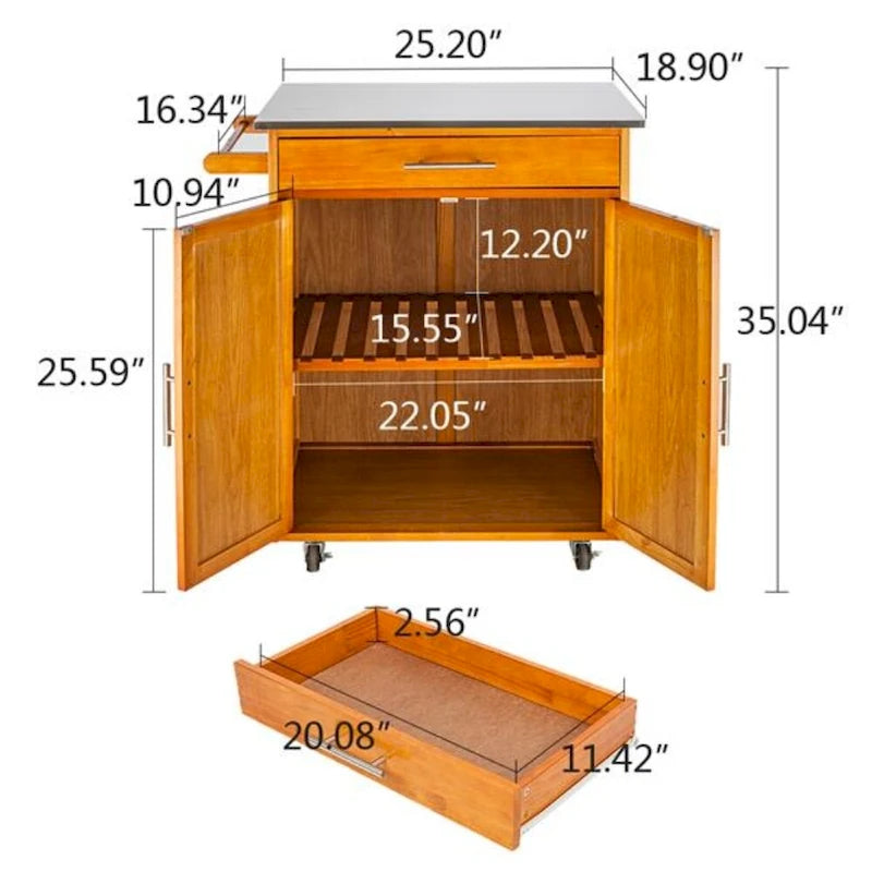 Moveable Kitchen Cart with Stainless Steel Top, One Drawer & One Cabinet – Sapele