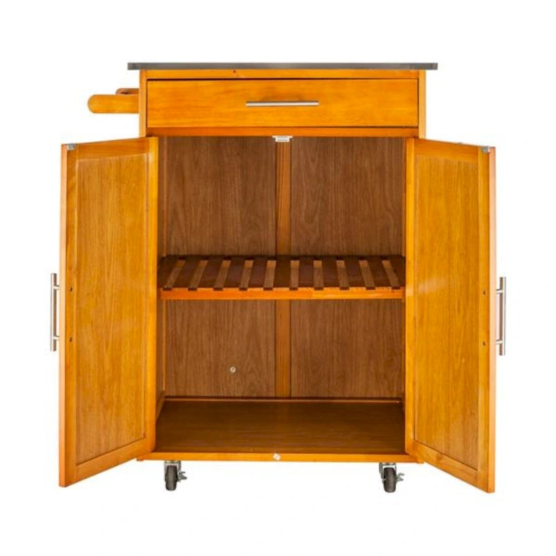 Moveable Kitchen Cart with Stainless Steel Top, One Drawer & One Cabinet – Sapele