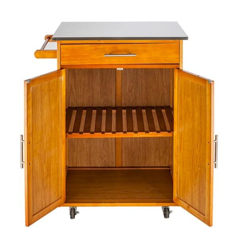 Moveable Kitchen Cart with Stainless Steel Top, One Drawer & One Cabinet – Sapele