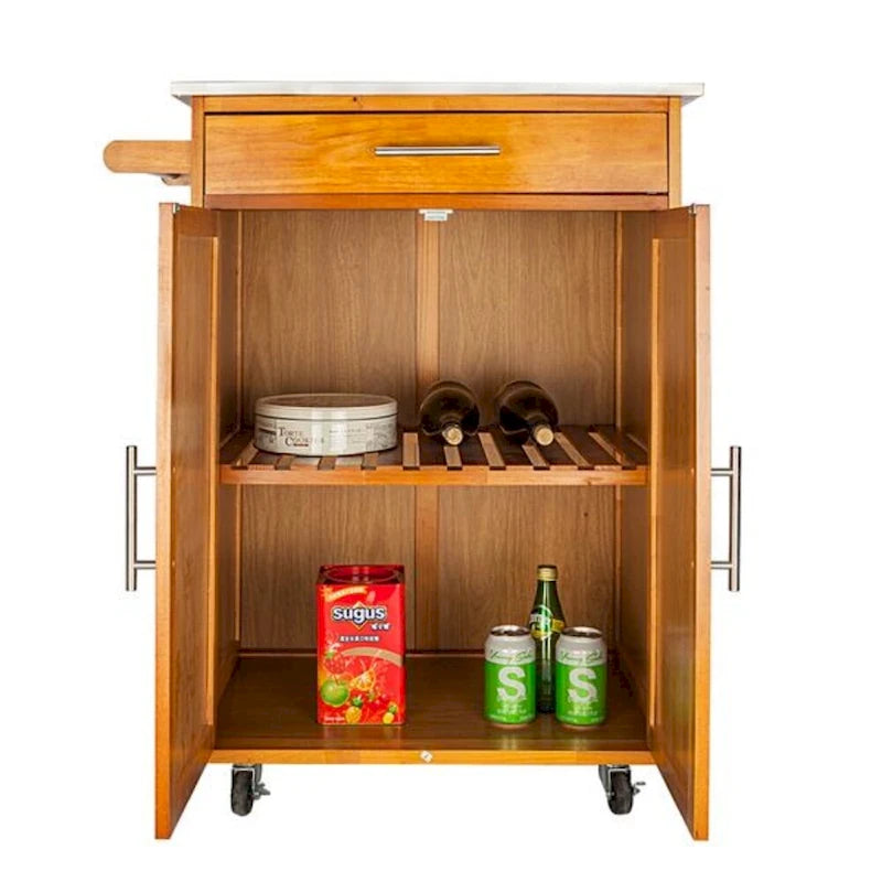 Moveable Kitchen Cart with Stainless Steel Top, One Drawer & One Cabinet – Sapele