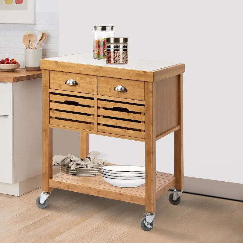 36 Inch Bamboo Kitchen Cart with 2 Drawers and Stainless Steel Top
