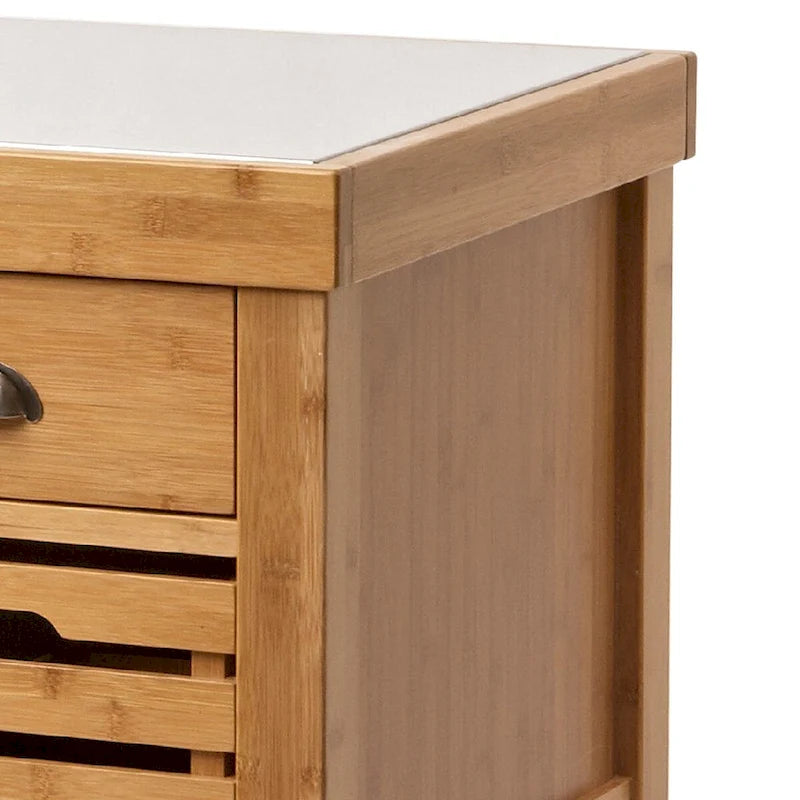 36 Inch Bamboo Kitchen Cart with 2 Drawers and Stainless Steel Top