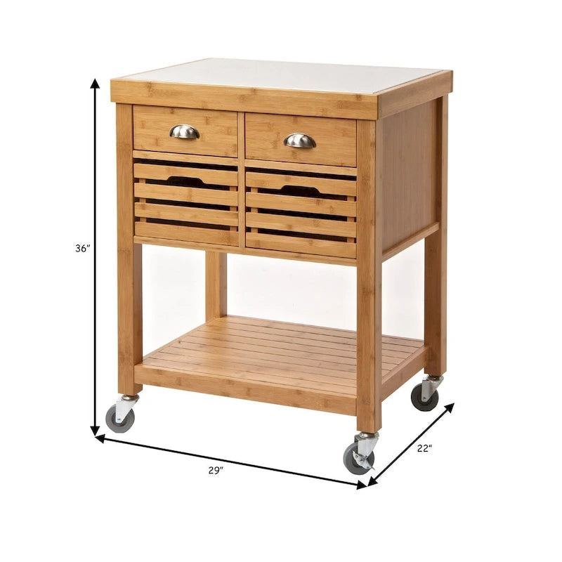 36 Inch Bamboo Kitchen Cart with 2 Drawers and Stainless Steel Top