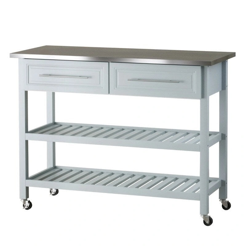 Light Gray Rolling Kitchen Island with 2 Drawers and Stainless Steel Top
