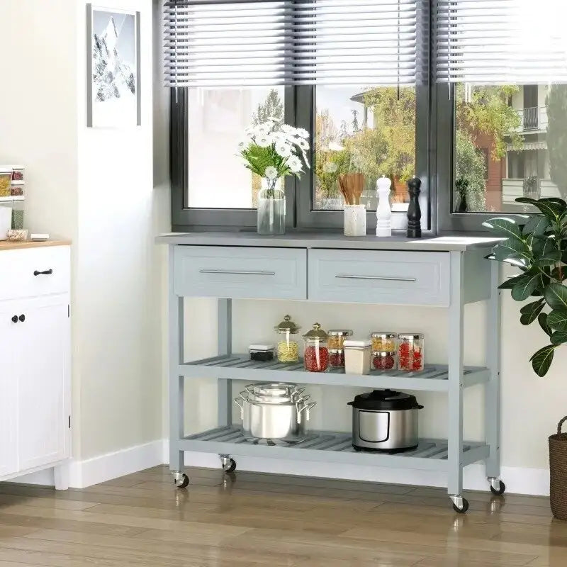 Light Gray Rolling Kitchen Island with 2 Drawers and Stainless Steel Top