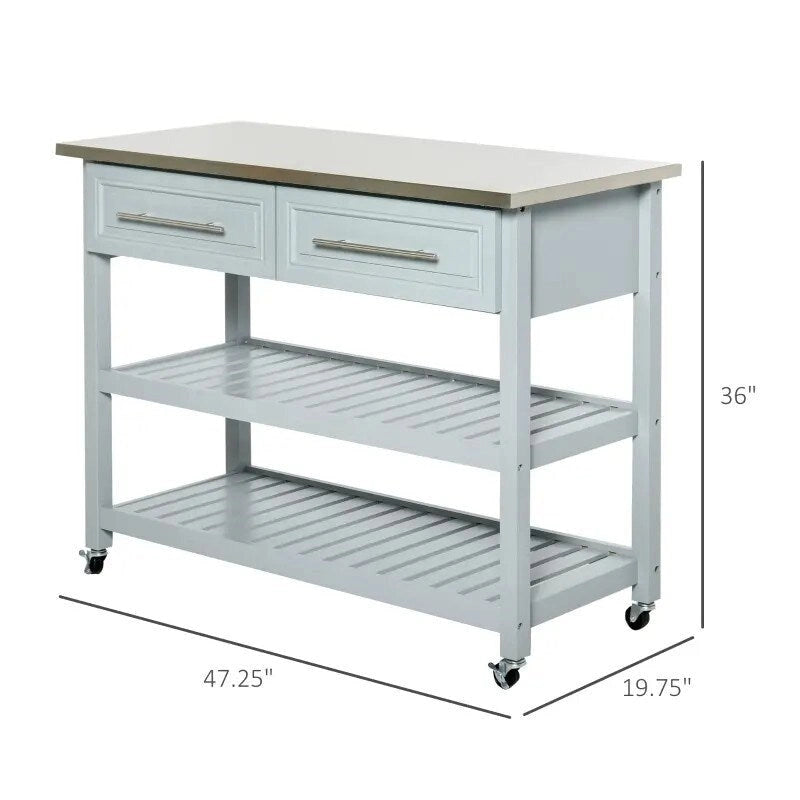 Light Gray Rolling Kitchen Island with 2 Drawers and Stainless Steel Top