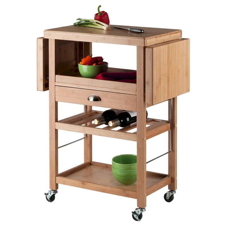 Utility Kitchen Cart, Drop Leaf, Bamboo - 45.28 x 15.16 x 35.43 inches