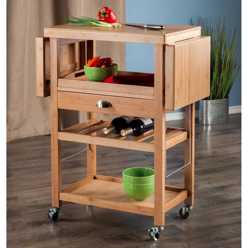 Utility Kitchen Cart, Drop Leaf, Bamboo - 45.28 x 15.16 x 35.43 inches