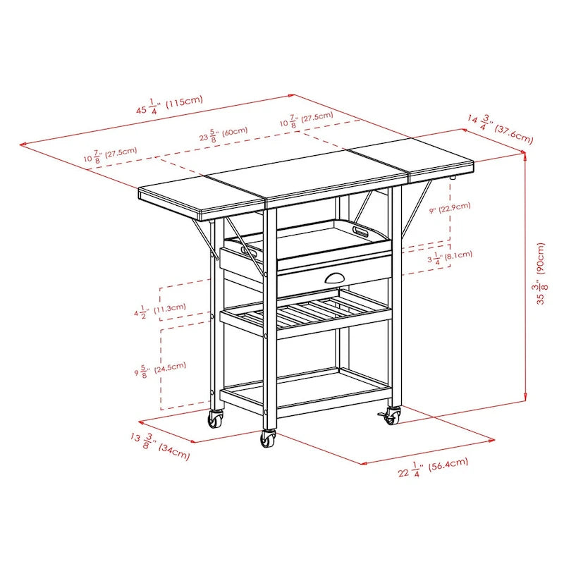 Utility Kitchen Cart, Drop Leaf, Bamboo - 45.28 x 15.16 x 35.43 inches