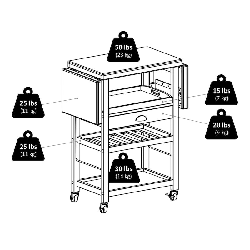 Utility Kitchen Cart, Drop Leaf, Bamboo - 45.28 x 15.16 x 35.43 inches