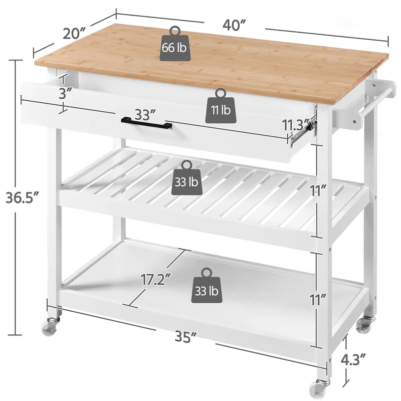 Kitchen Cart with Storage and Drawer Wood Countertop