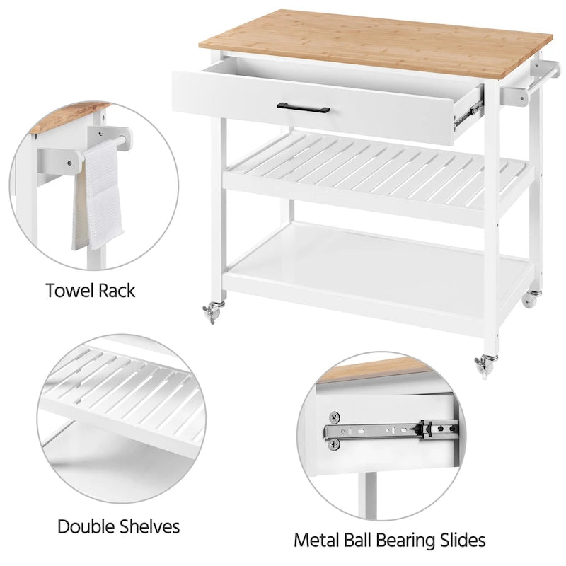 Kitchen Cart with Storage and Drawer Wood Countertop