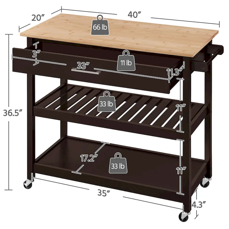 Kitchen Cart with Storage and Drawer Wood Countertop