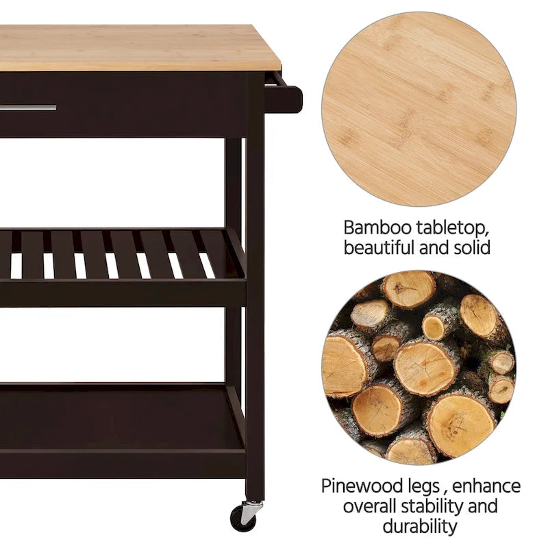 Kitchen Cart with Storage and Drawer Wood Countertop