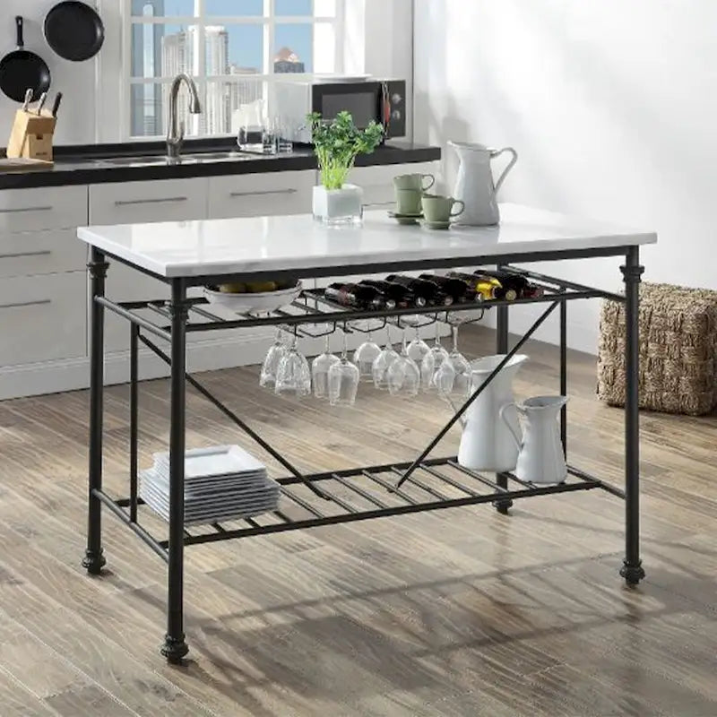 Marble Top Kitchen Island with Wine Glass Storage