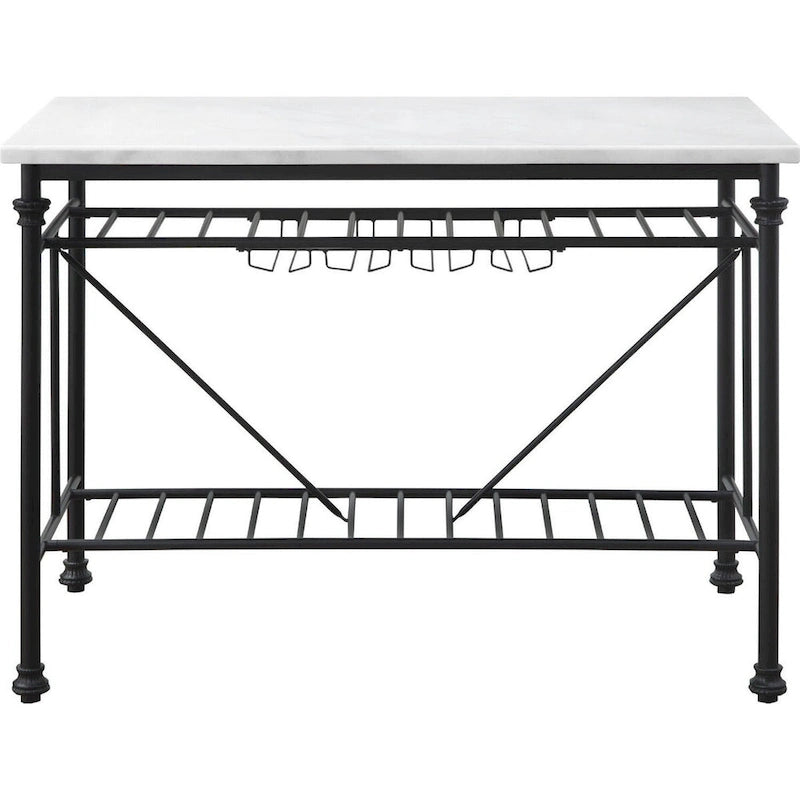 Kitchen Island with Marble Top and Slatted Shelf, Black and White