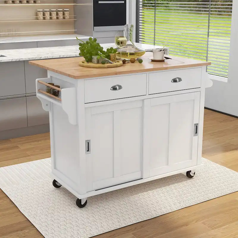 Kitchen Cart with Rubber Wood Drop-Leaf Countertop and Sliding Barn Door