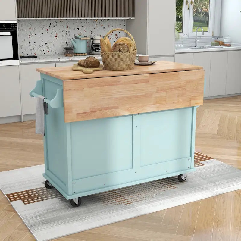 Kitchen Cart with Rubber Wood Drop-Leaf Countertop and Sliding Barn Door