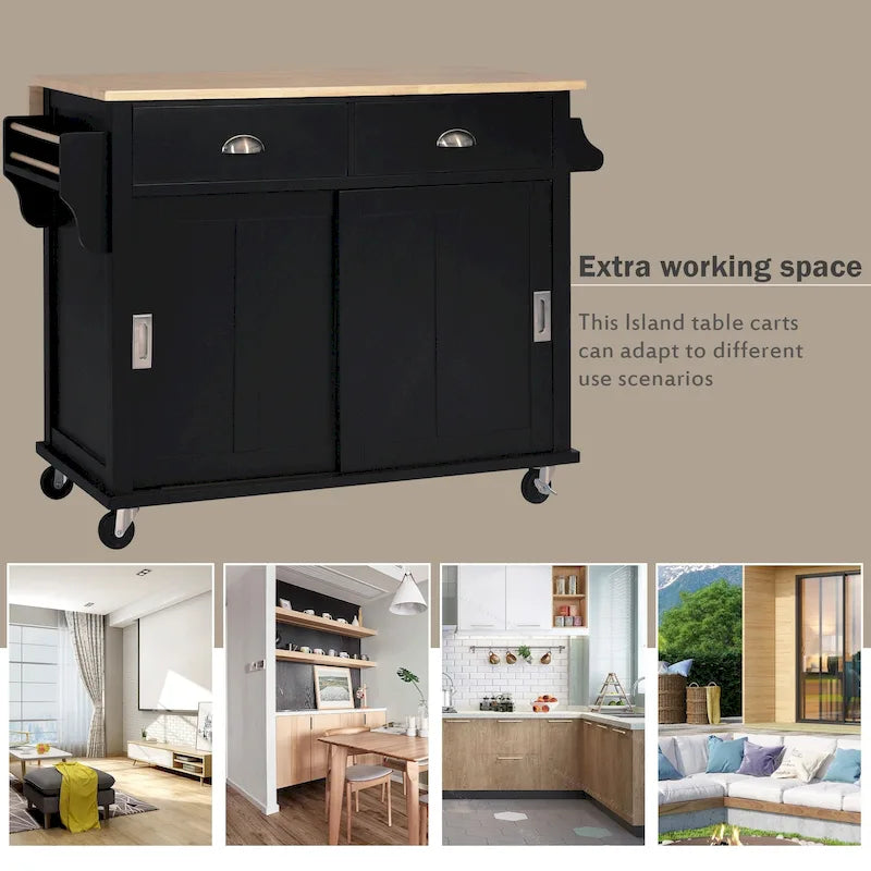 Kitchen Cart with Rubber Wood Drop-Leaf Countertop and Sliding Barn Door
