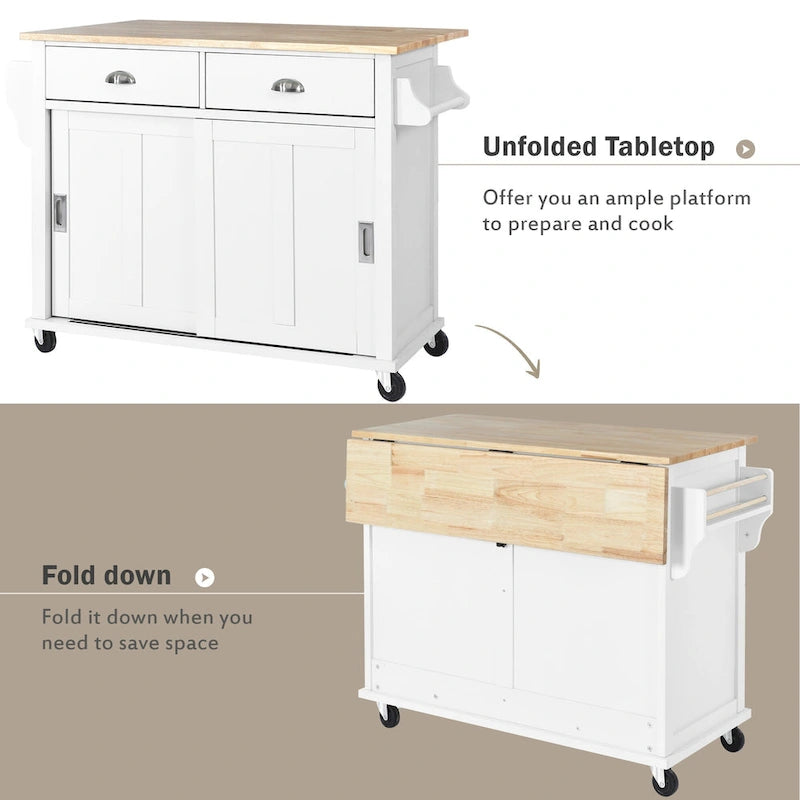 Kitchen Cart with Rubber Wood Drop-Leaf Countertop and Sliding Barn Door