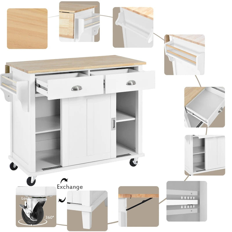 Kitchen Cart with Rubber Wood Drop-Leaf Countertop and Sliding Barn Door
