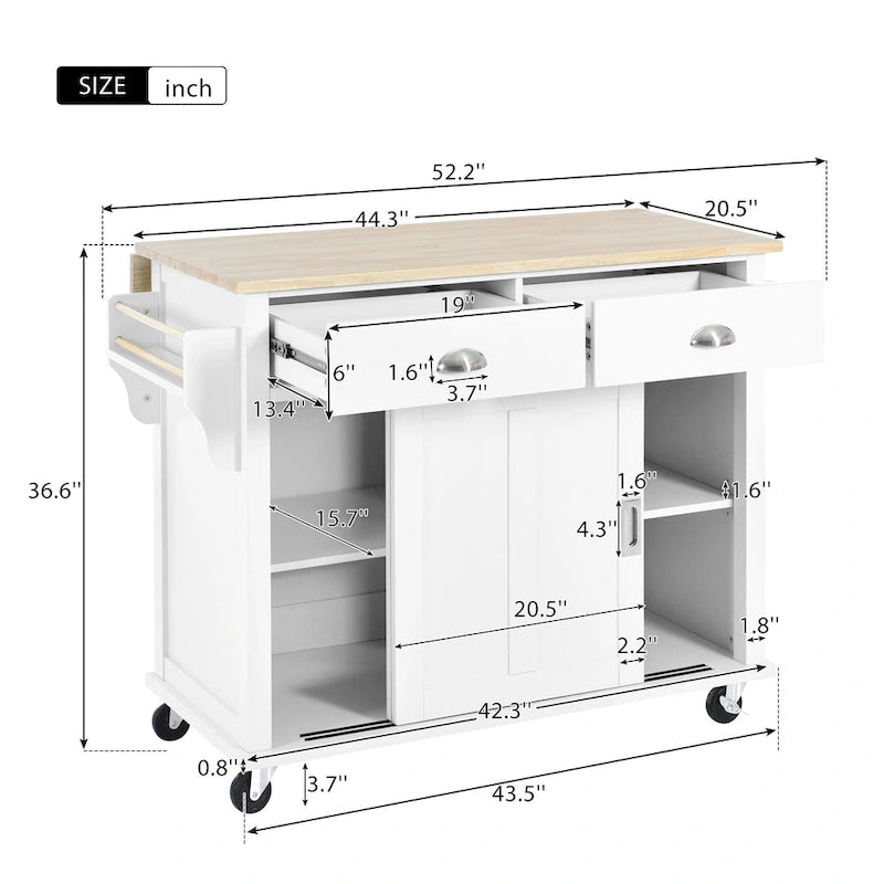 Kitchen Cart with Rubber Wood Drop-Leaf Countertop and Sliding Barn Door