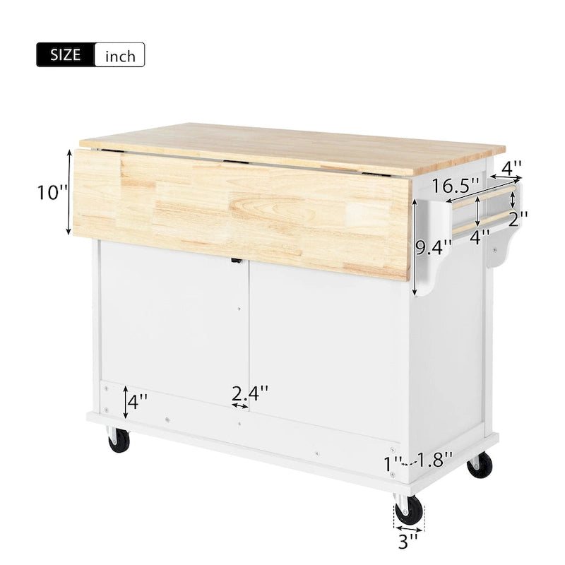 Kitchen Cart with Rubber Wood Drop-Leaf Countertop and Sliding Barn Door