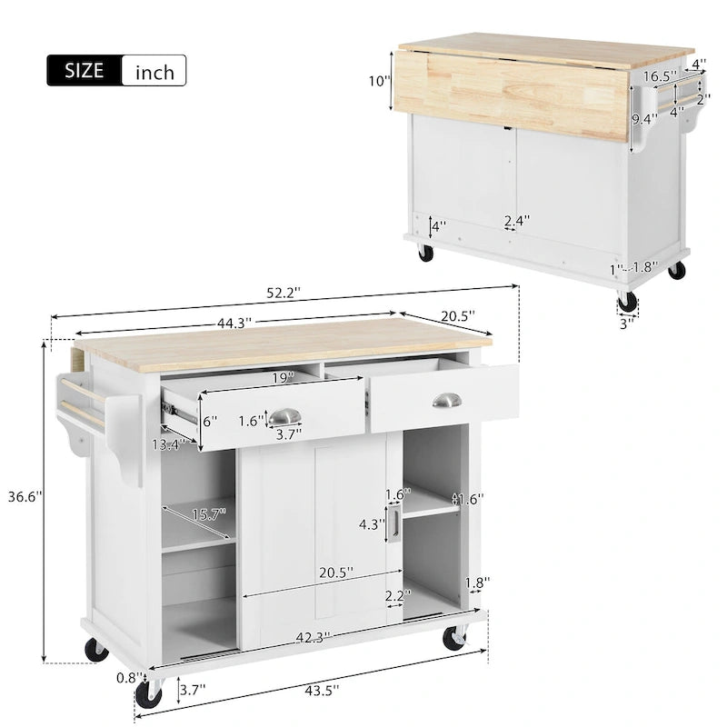 Kitchen Cart with Rubber Wood Drop-Leaf Countertop and Sliding Barn Door