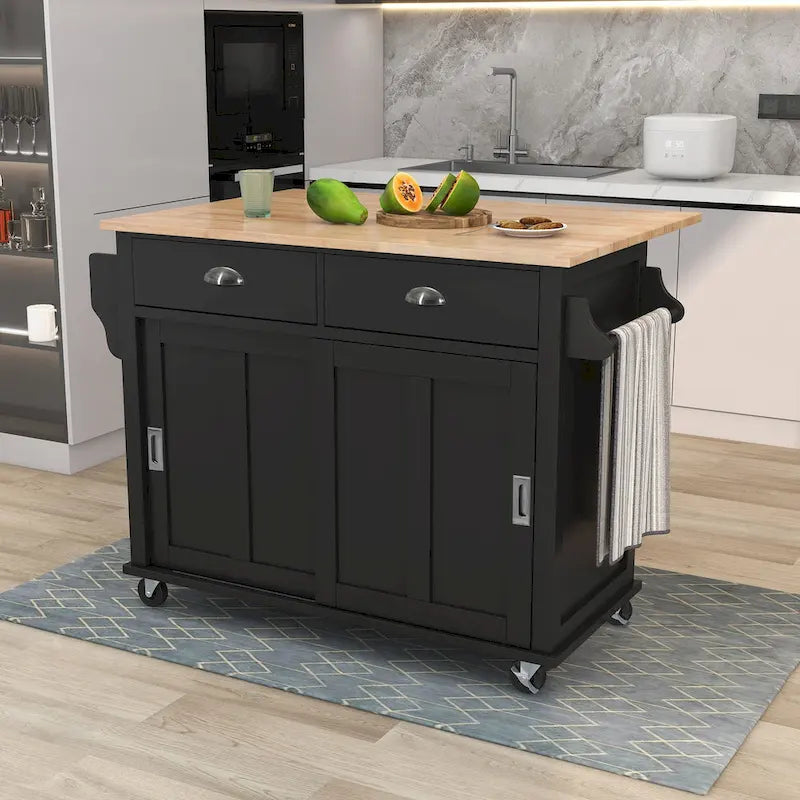Kitchen Cart with Rubber Wood Drop-Leaf Countertop and Sliding Barn Door